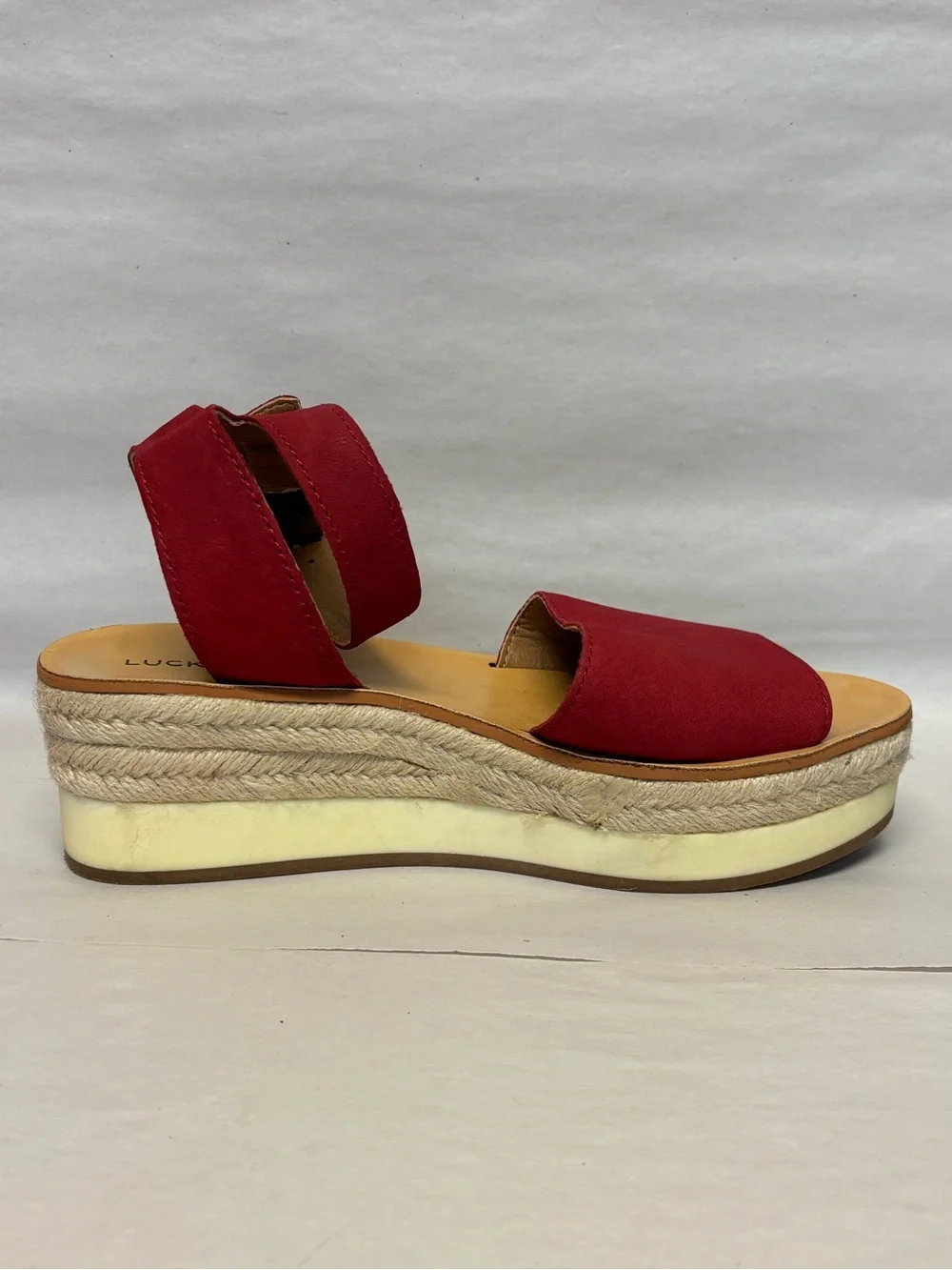 LUCKY BRAND Red Suede Flat Espadrille Ankle Strap Sandals 7M #6046